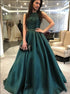 A Line Bateau Neck Dark Green Satin Beadings Prom Dress LBQ0280
